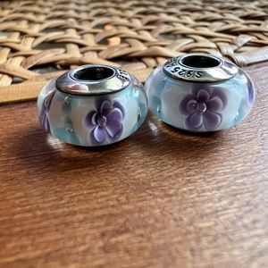 Pandora Glass beads, a set of two beads that are white with light purple flowers
